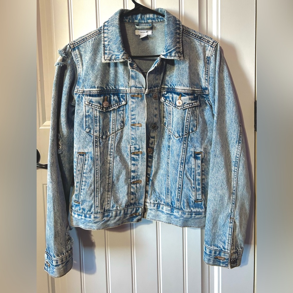 Ripped Denim Jacket Solid Blue Color